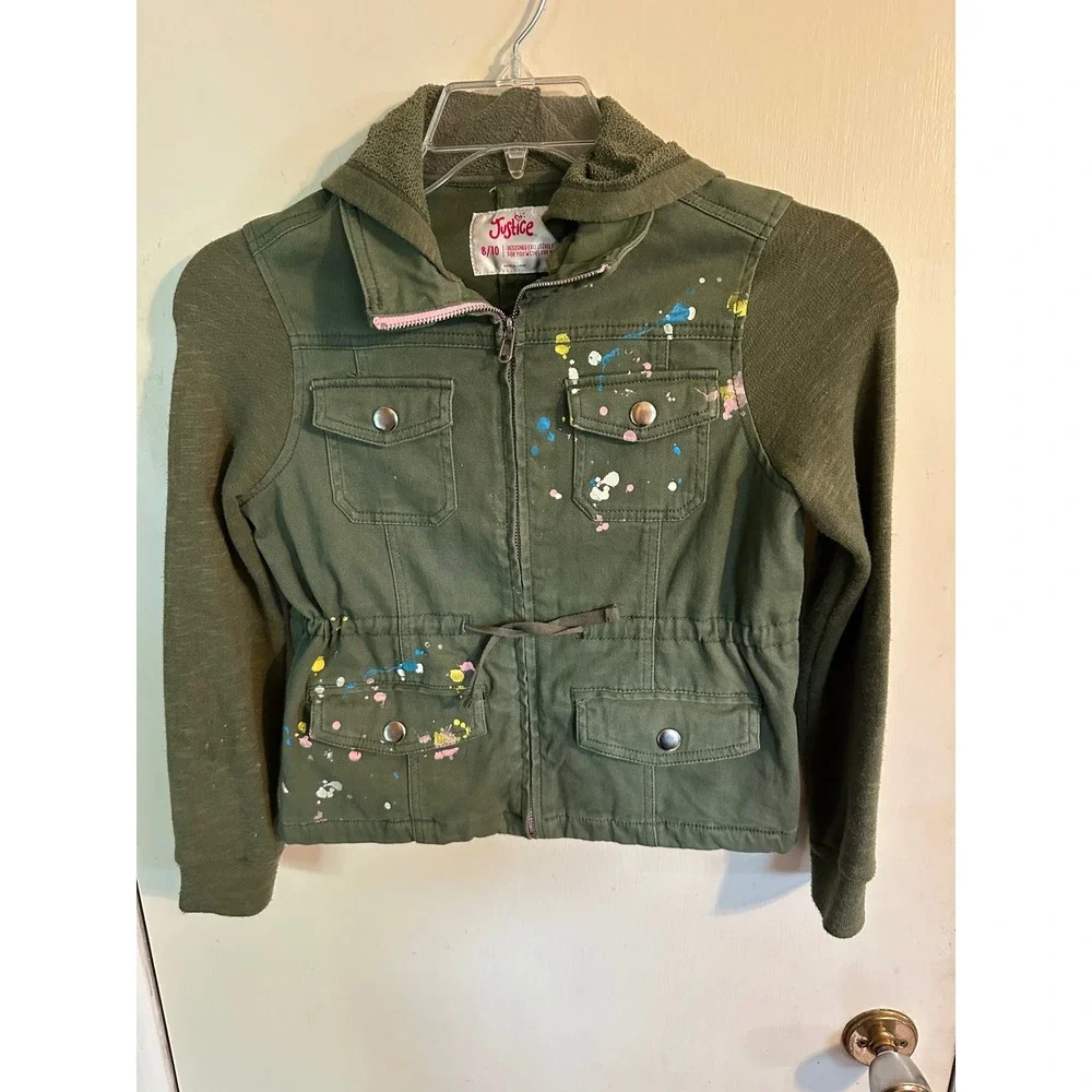 Justice Girls Olive Green Paint Splatter Utility Jacket Hooded Size 8/10‎ M